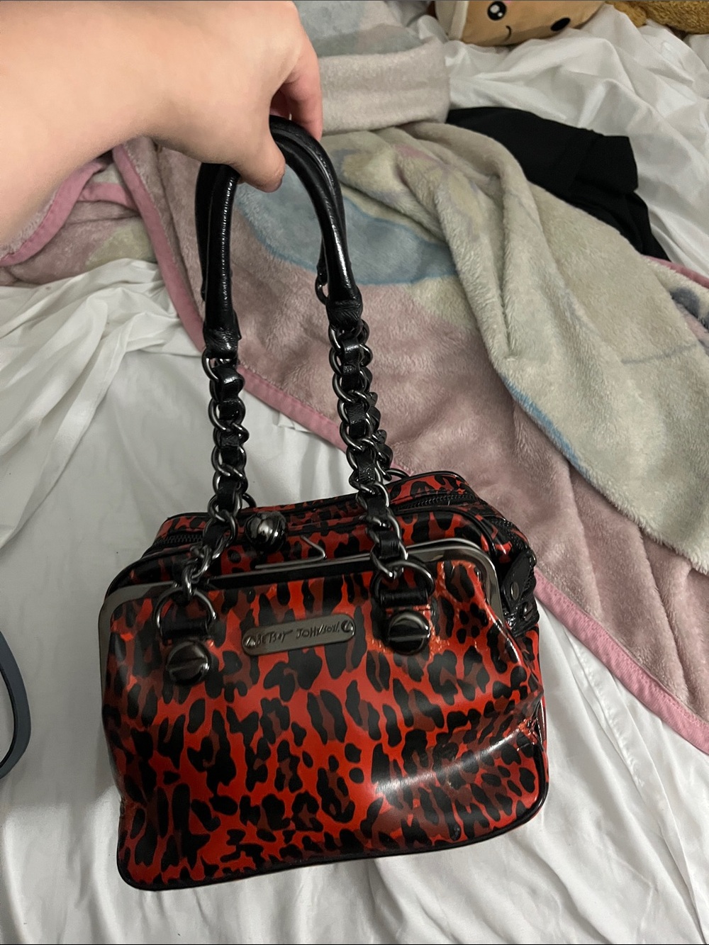 Betsey Johnson Red and Black Leopard-Print Chain Shoulder Bag - Picture 3 of 3